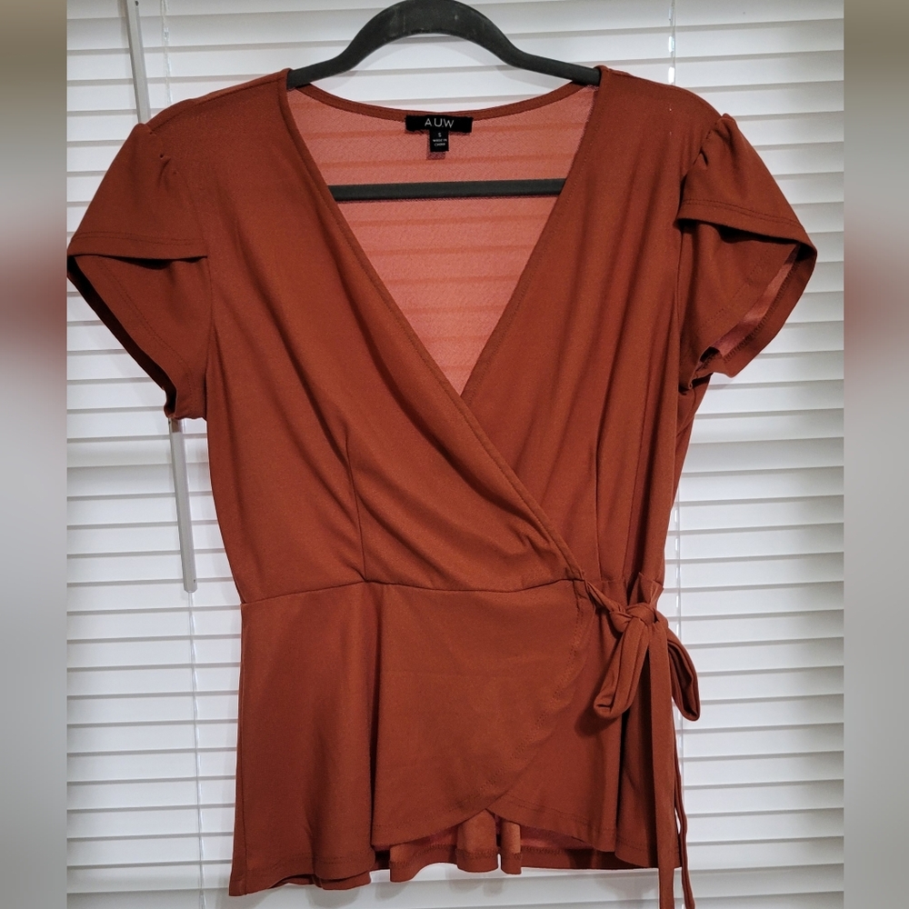 AUW Burnt Orange Wrap Short Sleeve Blouse
